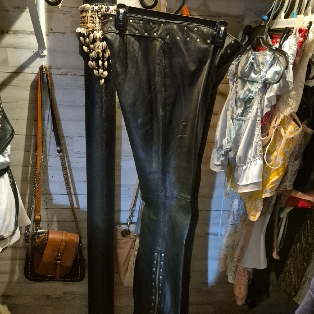 Black Leather Pants with Stud Details